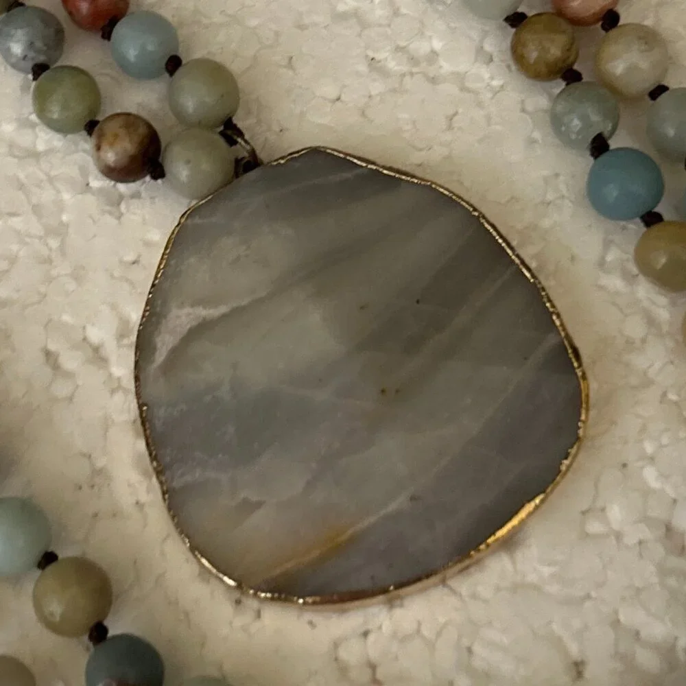 Stone Agate Multi Color Beaded Blue Gray Medallion Necklace Artsy Boho Festival